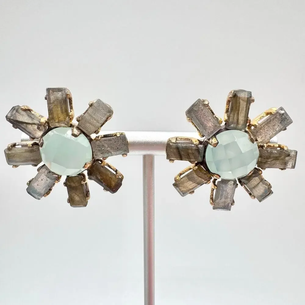 Labradorite Baguette Faceted Chalcedony 925 Sterling Silver Sunburst Earrings - Picture 2 of 14